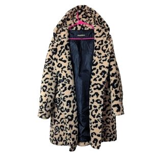 Madden NYC Leopard Animal Cheetah Print SP Hooded Coat Jacket Furry Cozy Warm
